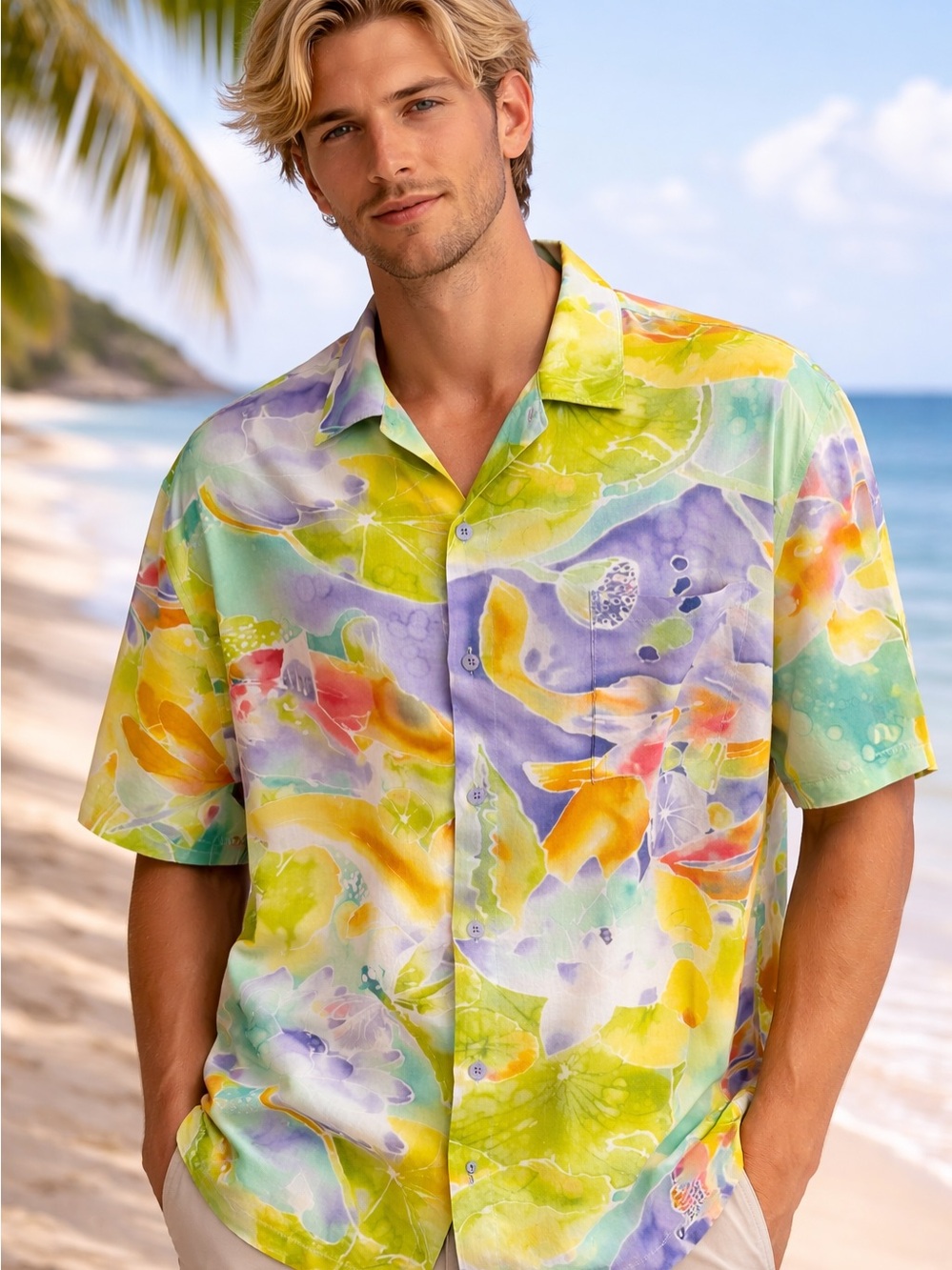 Jams World Men’s Hawaiian Aloha Short Sleeve Shirt, XL, “Koi Pond”, EUC